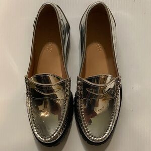 J. Crew Winona Silver Metallic Silver Lug Sole Penny Loafers Moccasin Toe - 7.5